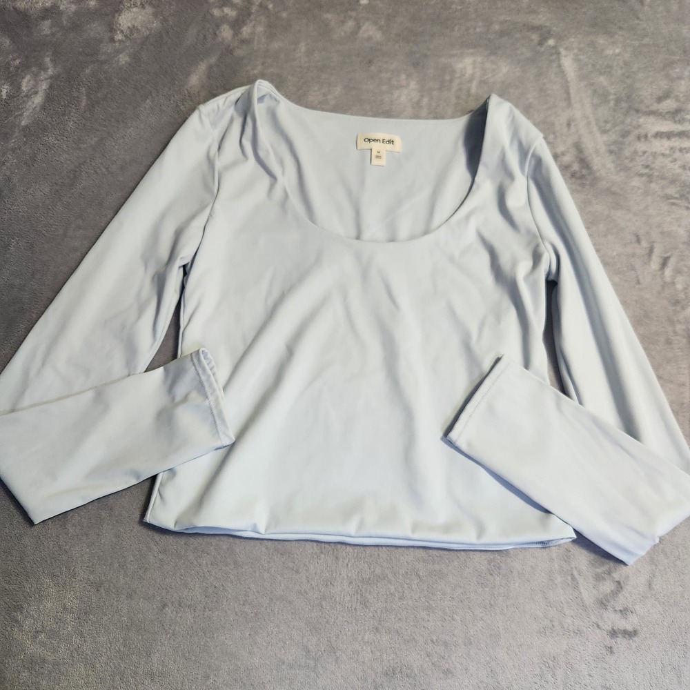 New Open Edit Light Blue Long Sleeve Scoop Neck Top Size Medium Stretch Soft M